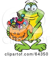 Poster, Art Print Of Trick Or Treating Frog Holding A Pumpkin Basket Full Of Halloween Candy