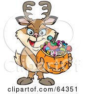 Poster, Art Print Of Trick Or Treating Doe Holding A Pumpkin Basket Full Of Halloween Candy
