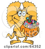 Poster, Art Print Of Trick Or Treating Frill Lizard Holding A Pumpkin Basket Full Of Halloween Candy