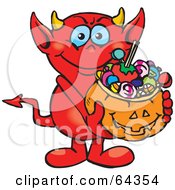Poster, Art Print Of Trick Or Treating Devil Holding A Pumpkin Basket Full Of Halloween Candy