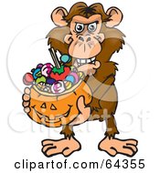 Poster, Art Print Of Trick Or Treating Chimp Holding A Pumpkin Basket Full Of Halloween Candy