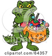 Poster, Art Print Of Trick Or Treating Alligator Holding A Pumpkin Basket Full Of Halloween Candy