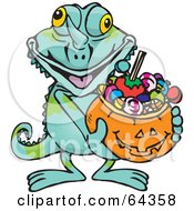 Poster, Art Print Of Trick Or Treating Chameleon Holding A Pumpkin Basket Full Of Halloween Candy