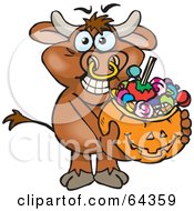 Poster, Art Print Of Trick Or Treating Bull Holding A Pumpkin Basket Full Of Halloween Candy