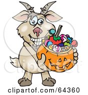 Poster, Art Print Of Trick Or Treating Goat Holding A Pumpkin Basket Full Of Halloween Candy