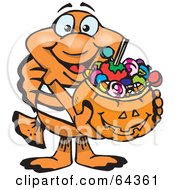 Poster, Art Print Of Trick Or Treating Clownfish Holding A Pumpkin Basket Full Of Halloween Candy