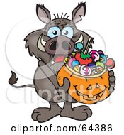 Poster, Art Print Of Trick Or Treating Boar Holding A Pumpkin Basket Full Of Halloween Candy