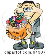 Poster, Art Print Of Trick Or Treating Man Holding A Pumpkin Basket Full Of Halloween Candy - Version 2