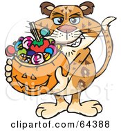 Poster, Art Print Of Trick Or Treating Leopard Holding A Pumpkin Basket Full Of Halloween Candy