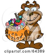 Poster, Art Print Of Trick Or Treating Bear Holding A Pumpkin Basket Full Of Halloween Candy