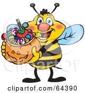 Poster, Art Print Of Trick Or Treating Honey Bee Holding A Pumpkin Basket Full Of Halloween Candy
