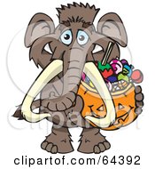 Poster, Art Print Of Trick Or Treating Mammoth Holding A Pumpkin Basket Full Of Halloween Candy