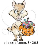 Poster, Art Print Of Trick Or Treating Alpaca Holding A Pumpkin Basket Full Of Halloween Candy