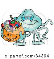 Poster, Art Print Of Trick Or Treating Jellyfish Holding A Pumpkin Basket Full Of Halloween Candy