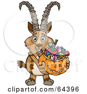 Poster, Art Print Of Trick Or Treating Ibex Holding A Pumpkin Basket Full Of Halloween Candy