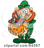 Poster, Art Print Of Trick Or Treating Leprechaun Holding A Pumpkin Basket Full Of Halloween Candy
