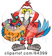 Poster, Art Print Of Trick Or Treating Scarlet Macaw Holding A Pumpkin Basket Full Of Halloween Candy