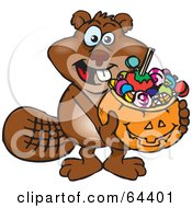 Poster, Art Print Of Trick Or Treating Beaver Holding A Pumpkin Basket Full Of Halloween Candy
