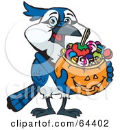 Poster, Art Print Of Trick Or Treating Blue Jay Holding A Pumpkin Basket Full Of Halloween Candy