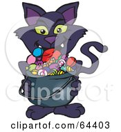 Poster, Art Print Of Trick Or Treating Black Cat Holding A Cauldron Full Of Halloween Candy