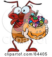 Poster, Art Print Of Trick Or Treating Ant Holding A Pumpkin Basket Full Of Halloween Candy