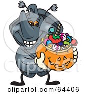 Poster, Art Print Of Trick Or Treating Rhino Beetl Holding A Pumpkin Basket Full Of Halloween Candy