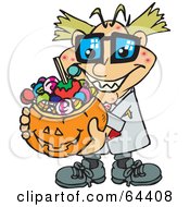 Trick Or Treating Mad Scientist Holding A Pumpkin Basket Full Of Halloween Candy