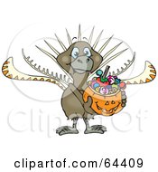 Poster, Art Print Of Trick Or Treating Lyrebird Holding A Pumpkin Basket Full Of Halloween Candy