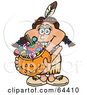 Poster, Art Print Of Trick Or Treating Female Native American Holding A Pumpkin Basket Full Of Halloween Candy