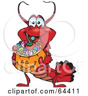 Poster, Art Print Of Trick Or Treating Lobster Holding A Pumpkin Basket Full Of Halloween Candy