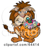 Poster, Art Print Of Trick Or Treating Lion Holding A Pumpkin Basket Full Of Halloween Candy