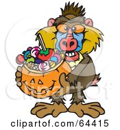 Poster, Art Print Of Trick Or Treating Baboon Holding A Pumpkin Basket Full Of Halloween Candy