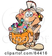 Poster, Art Print Of Trick Or Treating Male Native American Holding A Pumpkin Basket Full Of Halloween Candy