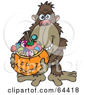 Poster, Art Print Of Trick Or Treating Ape Holding A Pumpkin Basket Full Of Halloween Candy