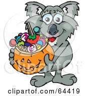 Poster, Art Print Of Trick Or Treating Koala Holding A Pumpkin Basket Full Of Halloween Candy