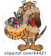Poster, Art Print Of Trick Or Treating Blood Hound Holding A Pumpkin Basket Full Of Halloween Candy