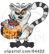 Poster, Art Print Of Trick Or Treating Lemur Holding A Pumpkin Basket Full Of Halloween Candy