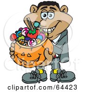 Poster, Art Print Of Trick Or Treating Man Holding A Pumpkin Basket Full Of Halloween Candy - Version 3