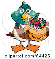 Poster, Art Print Of Trick Or Treating Mallard Duck Holding A Pumpkin Basket Full Of Halloween Candy