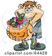 Poster, Art Print Of Trick Or Treating Man Holding A Pumpkin Basket Full Of Halloween Candy - Version 1