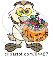 Poster, Art Print Of Trick Or Treating Barn Owl Holding A Pumpkin Basket Full Of Halloween Candy