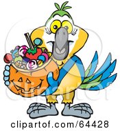Poster, Art Print Of Trick Or Treating Macaw Holding A Pumpkin Basket Full Of Halloween Candy