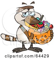 Poster, Art Print Of Trick Or Treating Kookaburra Holding A Pumpkin Basket Full Of Halloween Candy