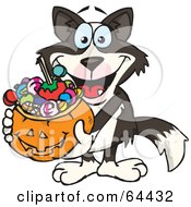 Poster, Art Print Of Trick Or Treating Border Collie Holding A Pumpkin Basket Full Of Halloween Candy