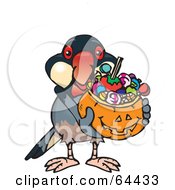 Poster, Art Print Of Trick Or Treating Java Finch Holding A Pumpkin Basket Full Of Halloween Candy