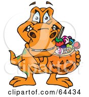 Poster, Art Print Of Trick Or Treating T Rex Holding A Pumpkin Basket Full Of Halloween Candy