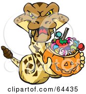 Poster, Art Print Of Trick Or Treating Rattlesnake Holding A Pumpkin Basket Full Of Halloween Candy