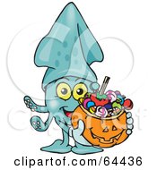 Poster, Art Print Of Trick Or Treating Squid Holding A Pumpkin Basket Full Of Halloween Candy