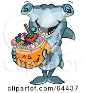 Trick Or Treating Hammerhead Shark Holding A Pumpkin Basket Full Of Halloween Candy