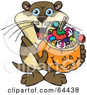 Trick Or Treating Otter Holding A Pumpkin Basket Full Of Halloween Candy